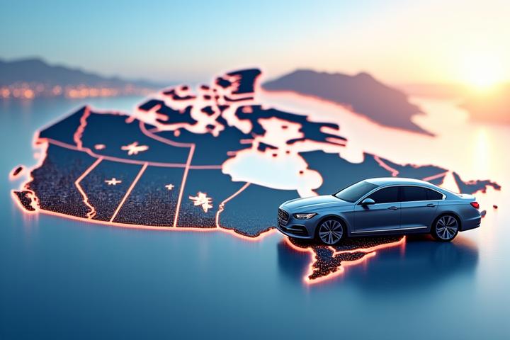 Panoramic view of major Canadian cities connected by a car rental network, emphasizing seamless travel