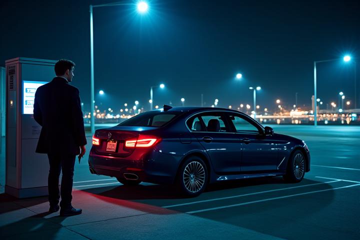 Car being returned to an airport car rental drop-off area at night, indicating 24/7 service