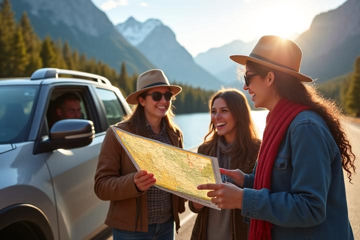Diverse group of tourists looking at a map next to a rental car with Canadian scenery in the background