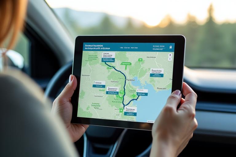 Person using a tablet to plan an eco-friendly car trip