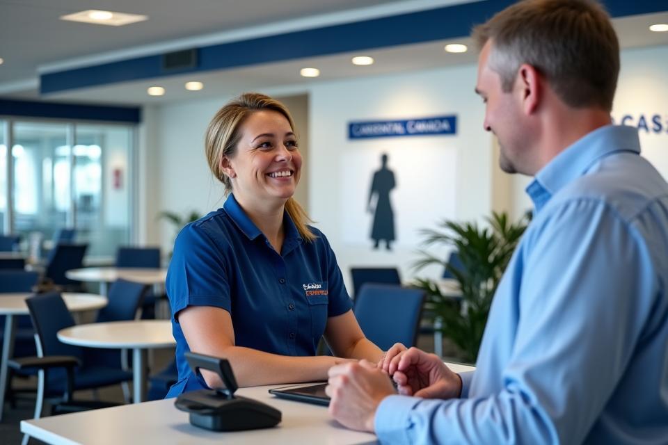 Friendly CarRentalCanada staff assisting a customer at a modern car rental counter.