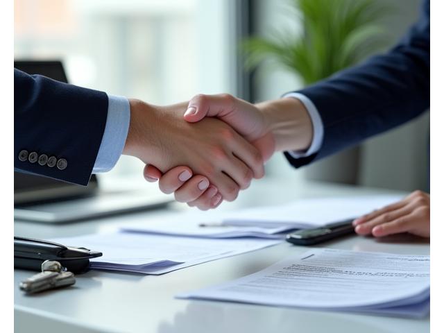 Two hands shaking over a table with insurance documents and a car key, symbolizing direct billing and trust in car rental insurance.