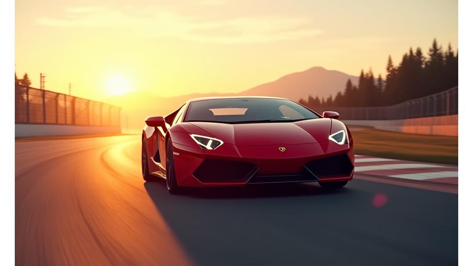 A vibrant red exotic sports car, possibly a Ferrari or Lamborghini, with dynamic lines, parked on a race track at sunset. The car's headlights are on, casting a dramatic glow.