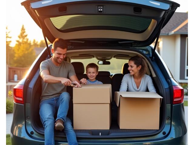 Family packing moving boxes into a spacious car rental for a cross-Canada relocation