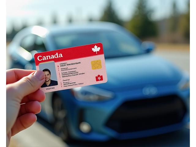Illustration of a person holding a Canadian driver's license with a car in the background, signifying rental eligibility.