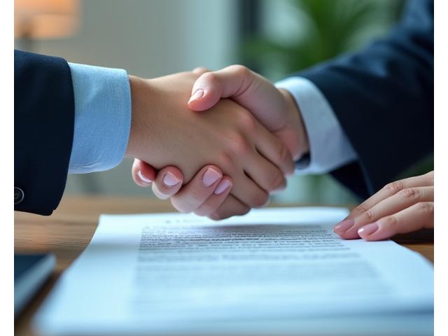 Two hands shaking over a rendered legal document, symbolizing agreement and trust in car hire terms.